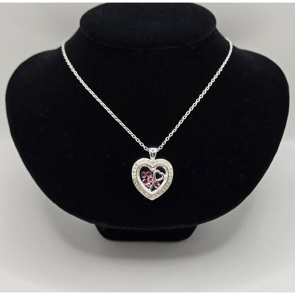 Heart Necklace Silvertone Keepsake Pendant Pink White Rhinestone Dainty Twee NEW - Picture 7 of 12